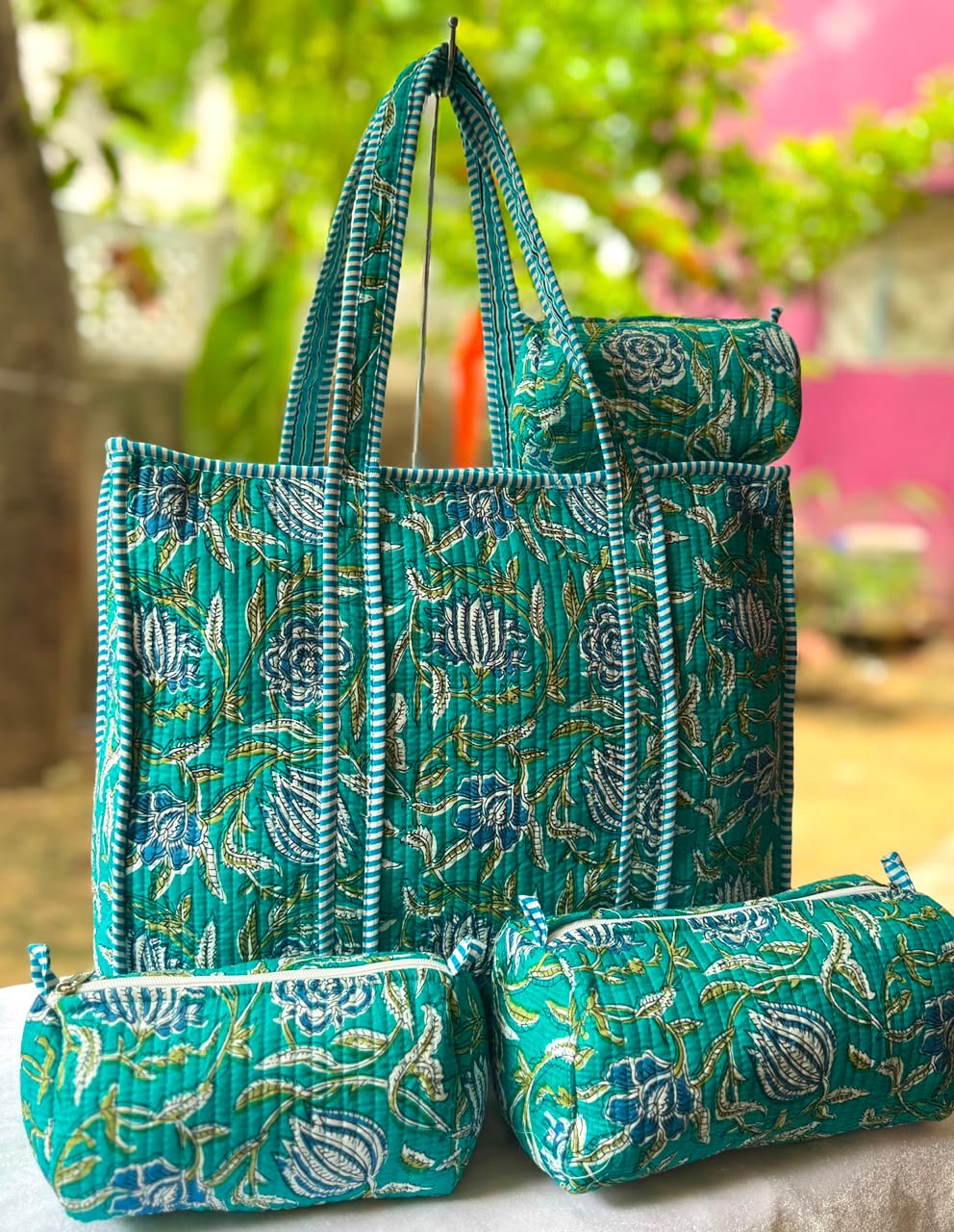 Cotton Bag Combo with 3 Waterproof Pouches - Green