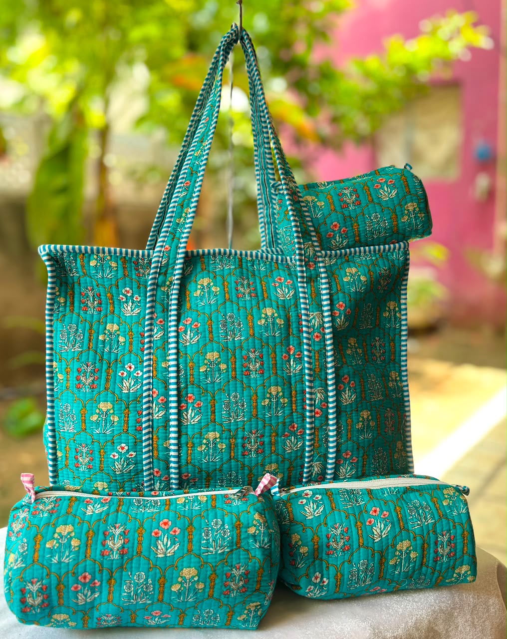Cotton Bag Combo with 3 Waterproof Pouches - Teal blue