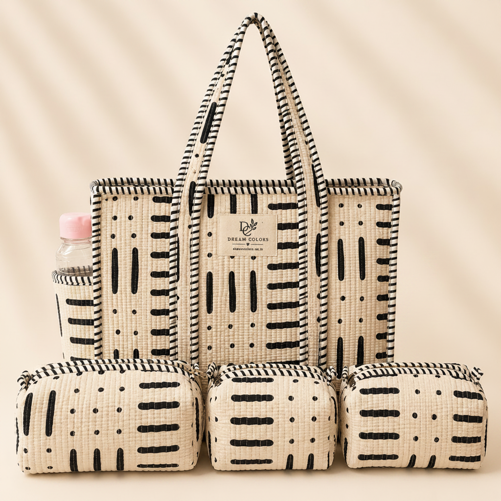 Dream Colors Quilted Cotton Tote Bag Combo with 3 Waterproof Utility Pouches - Beige