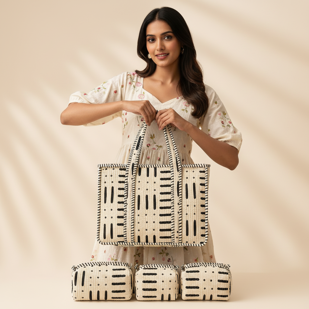 Dream Colors Quilted Cotton Tote Bag Combo with 3 Waterproof Utility Pouches - Beige