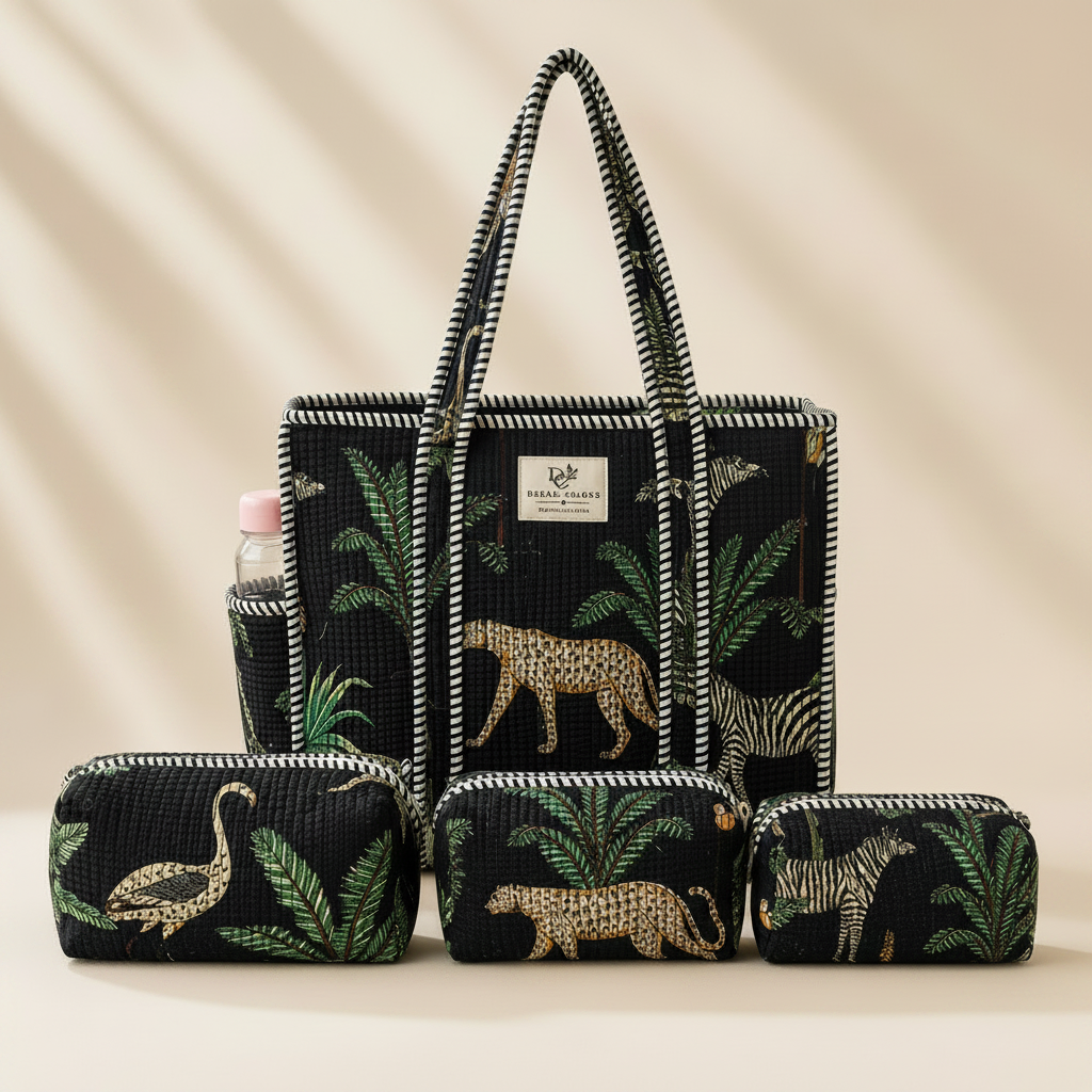 Dream Colors Quilted Cotton Tote Bag Combo with 3 Waterproof Utility Pouches - Black Animal