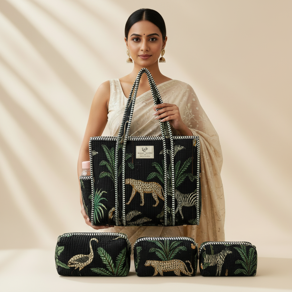 Dream Colors Quilted Cotton Tote Bag Combo with 3 Waterproof Utility Pouches - Black Animal