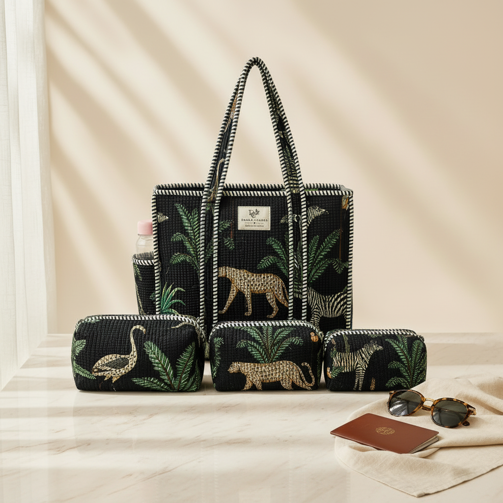 Dream Colors Quilted Cotton Tote Bag Combo with 3 Waterproof Utility Pouches - Black Animal