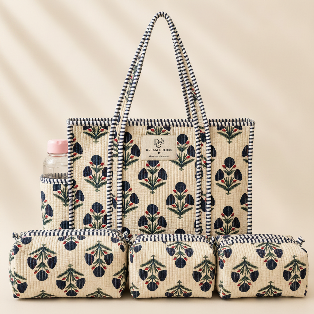 Dream Colors Quilted Cotton Tote Bag Combo with 3 Waterproof Utility Pouches - Black Floral