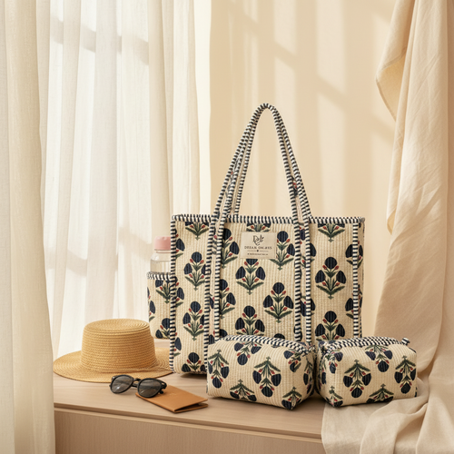 Dream Colors Quilted Cotton Tote Bag Combo with 3 Waterproof Utility Pouches - Black Floral