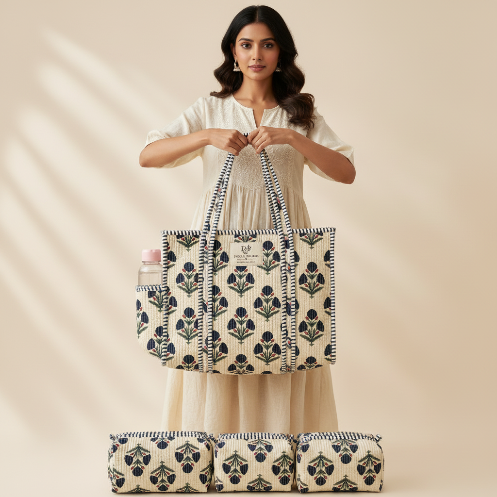 Dream Colors Quilted Cotton Tote Bag Combo with 3 Waterproof Utility Pouches - Black Floral