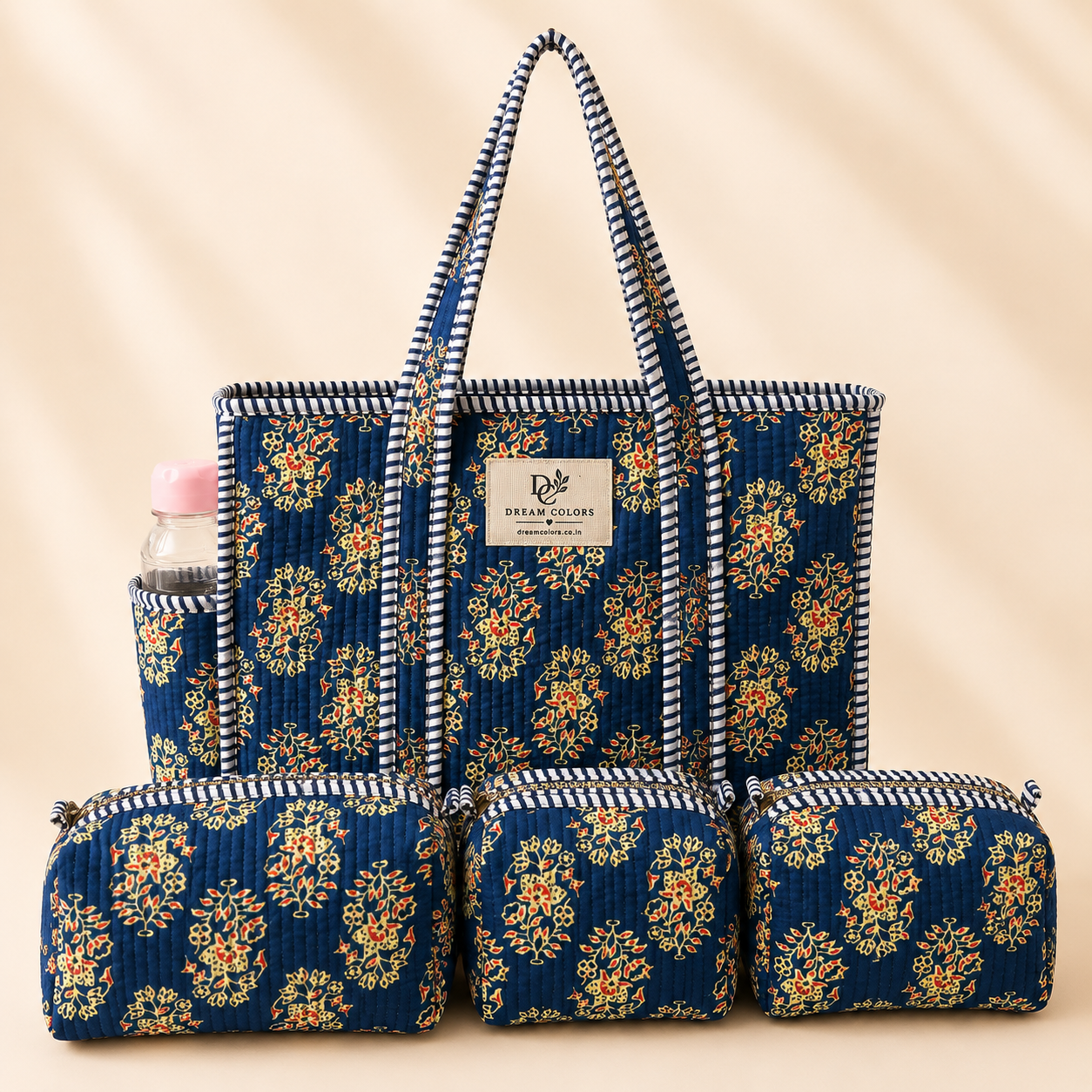 Dream Colors Quilted Cotton Tote Bag Combo with 3 Waterproof Utility Pouches - Blue