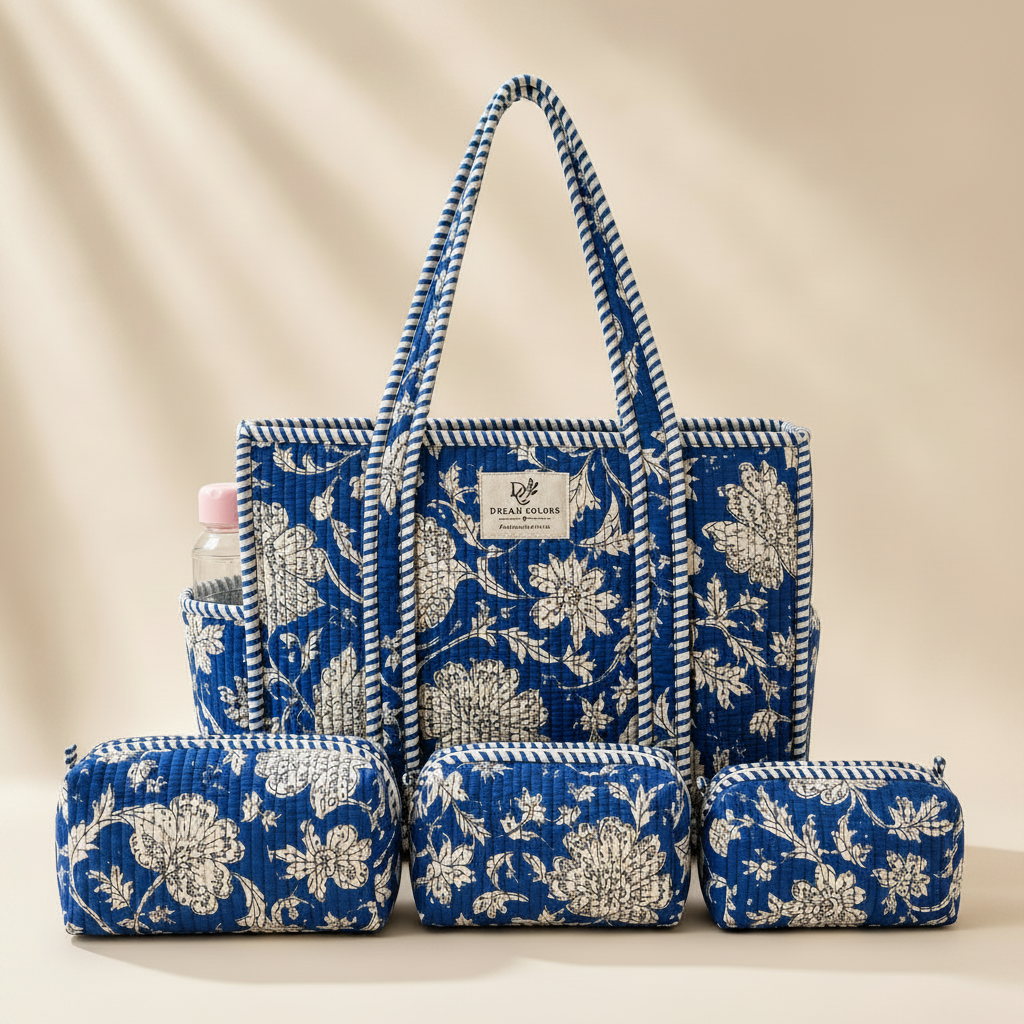 Dream Colors Quilted Cotton Tote Bag Combo with 3 Waterproof Utility Pouches - Blue Floral