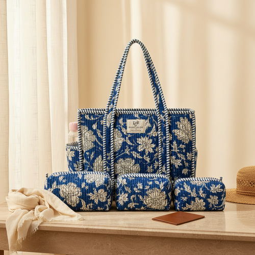 Cotton Bag Combo with 3 Waterproof Pouches - Blue Floral
