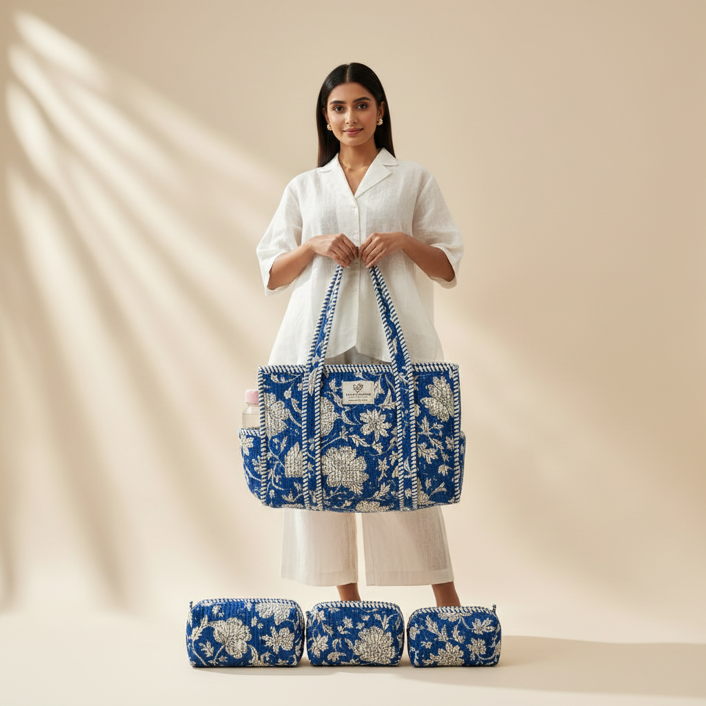 Dream Colors Quilted Cotton Tote Bag Combo with 3 Waterproof Utility Pouches - Blue Floral