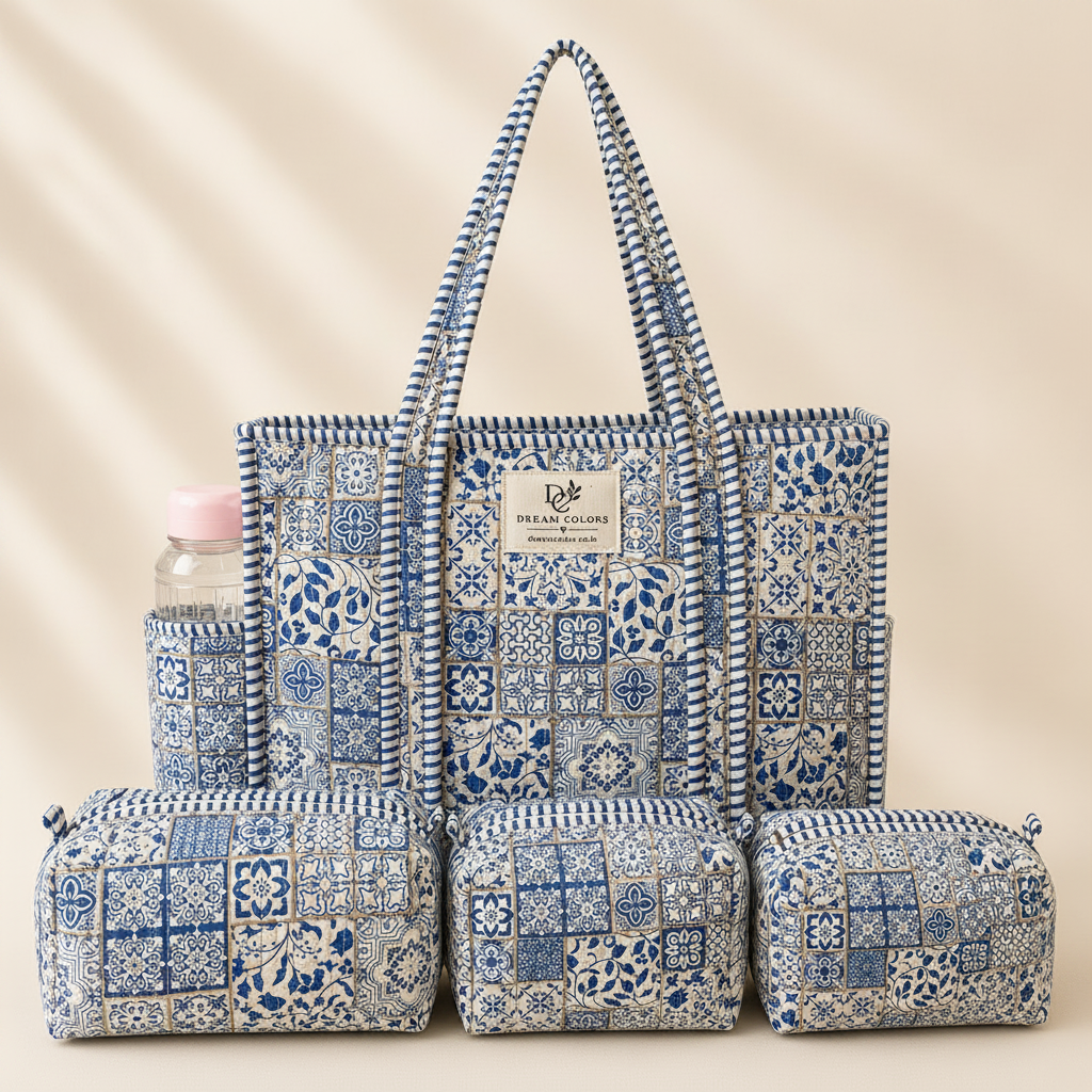 Dream Colors Quilted Cotton Tote Bag Combo with 3 Waterproof Utility Pouches - Blue Pattern
