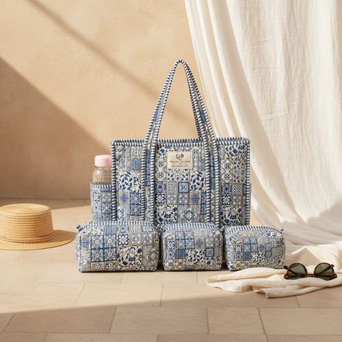 Cotton Bag Combo with 3 Waterproof Pouches - Blue Pattern