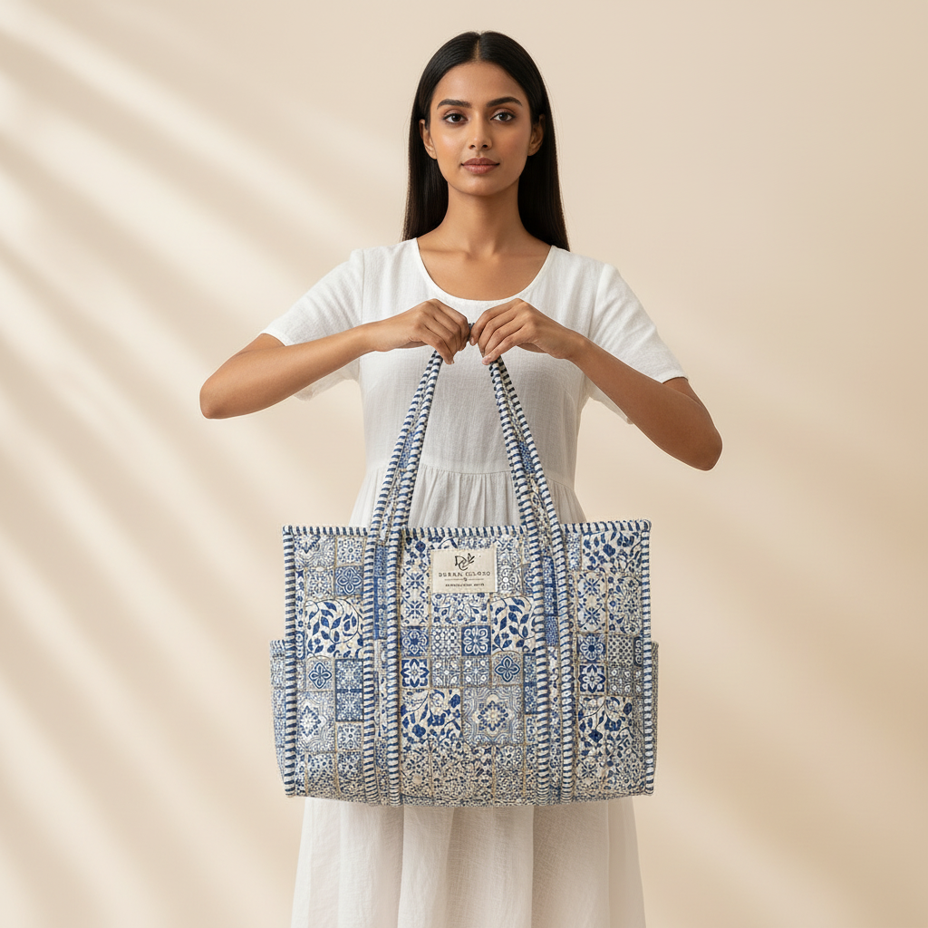 Dream Colors Quilted Cotton Tote Bag Combo with 3 Waterproof Utility Pouches - Blue Pattern