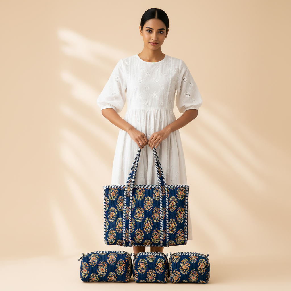 Dream Colors Quilted Cotton Tote Bag Combo with 3 Waterproof Utility Pouches - Blue
