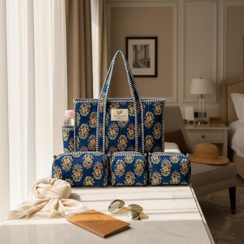 Cotton Bag Combo with 3 Waterproof Pouches - Blue