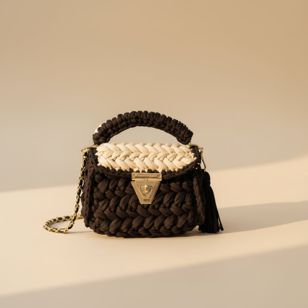 Handcrafted Puff Crochet Hand Bag - Cream Black