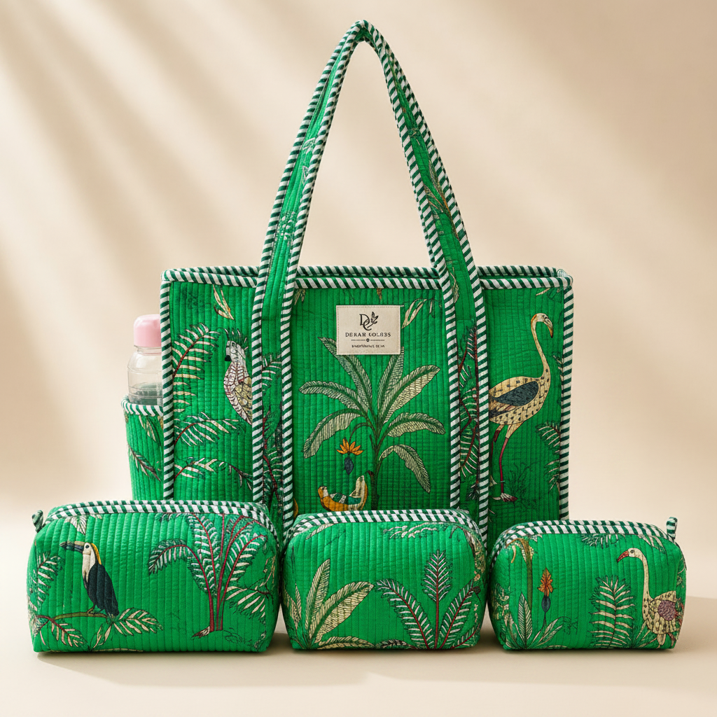 Dream Colors Quilted Cotton Tote Bag Combo with 3 Waterproof Utility Pouches - Green Tree
