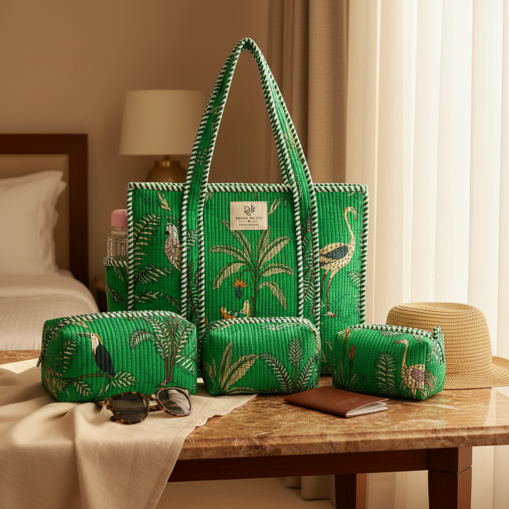 Dream Colors Quilted Cotton Tote Bag Combo with 3 Waterproof Utility Pouches - Green Tree