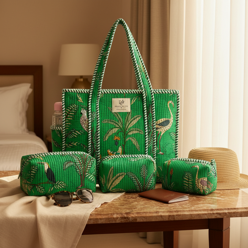 Cotton Bag Combo with 3 Waterproof Pouches - Green Tree