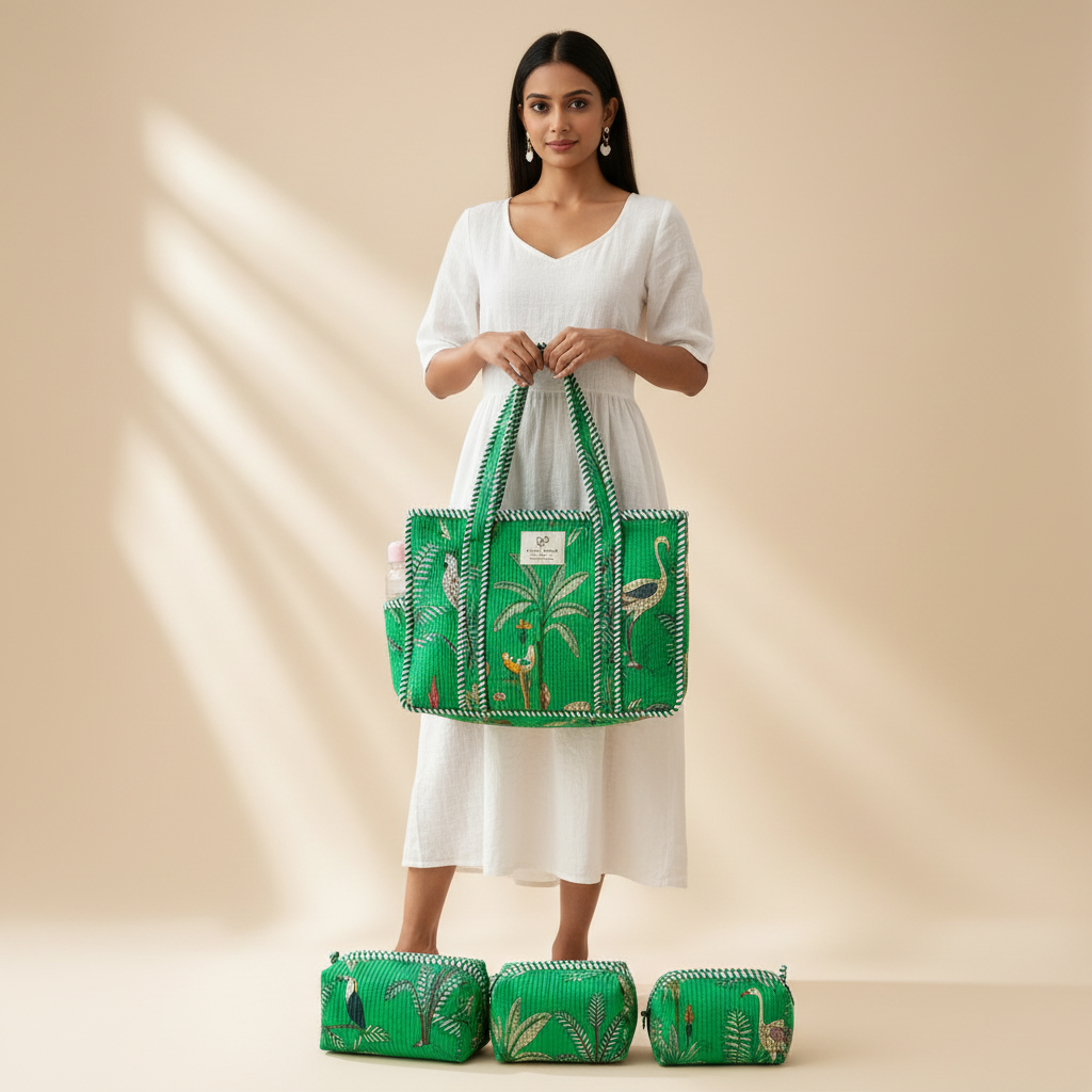 Dream Colors Quilted Cotton Tote Bag Combo with 3 Waterproof Utility Pouches - Green Tree