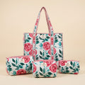 Cotton Bag Combo with 3 Waterproof Pouches - White floral