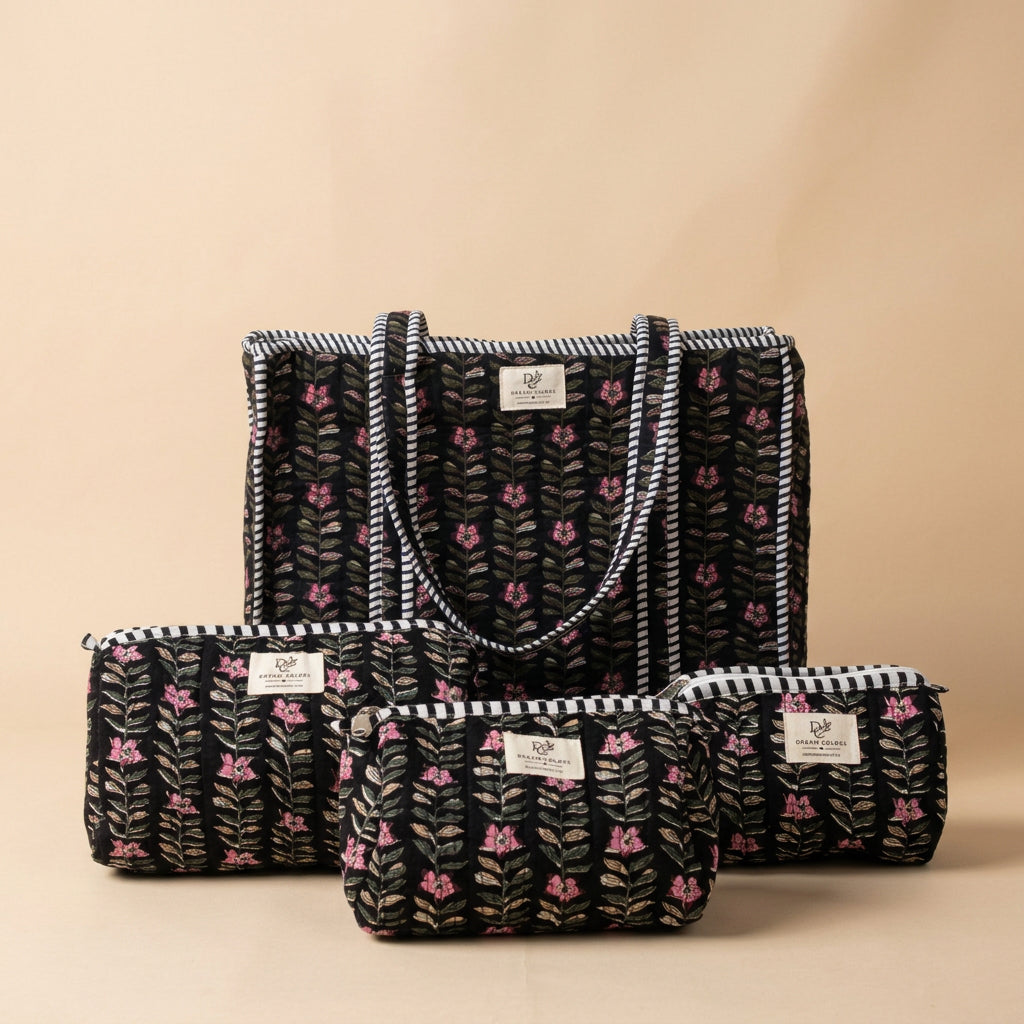 Cotton Bag Combo with 3 Waterproof Pouches - Black stripes