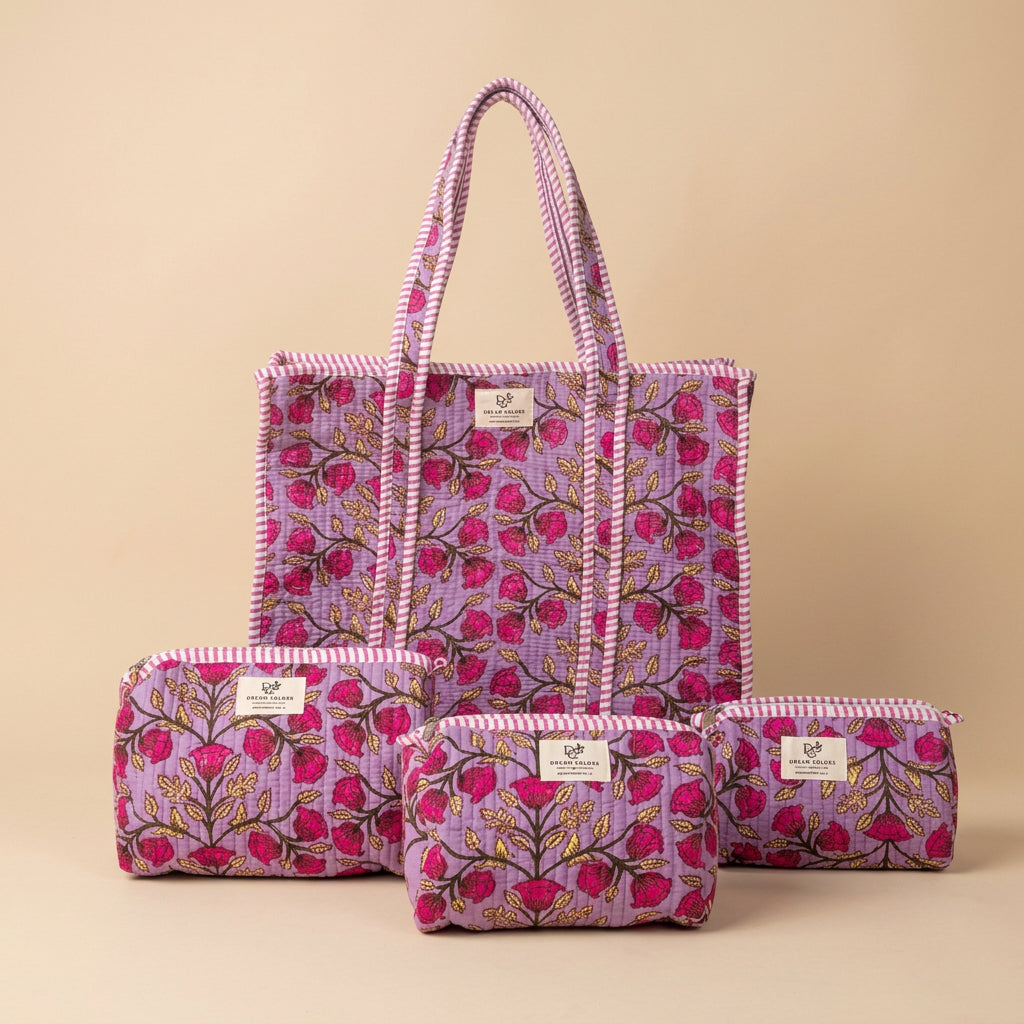Cotton Bag Combo with 3 Waterproof Pouches - Pink floral