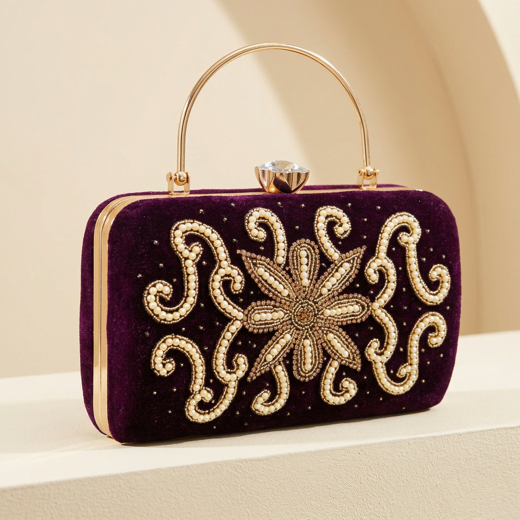 Velvet Pearl Embroidery Clutch