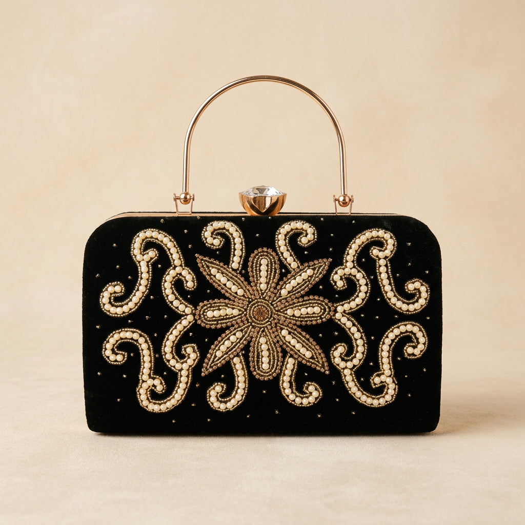 Velvet Pearl Embroidery Clutch