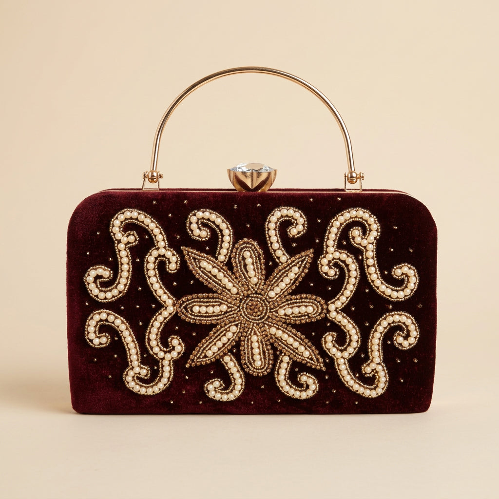 Velvet Pearl Embroidery Clutch