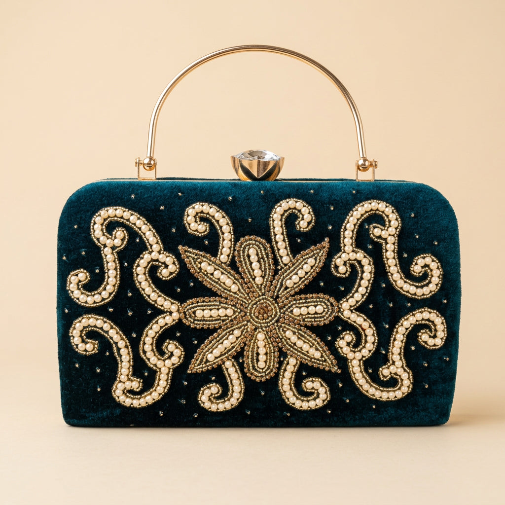 Velvet Pearl Embroidery Clutch