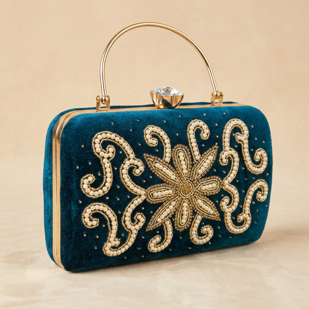 Velvet Pearl Embroidery Clutch