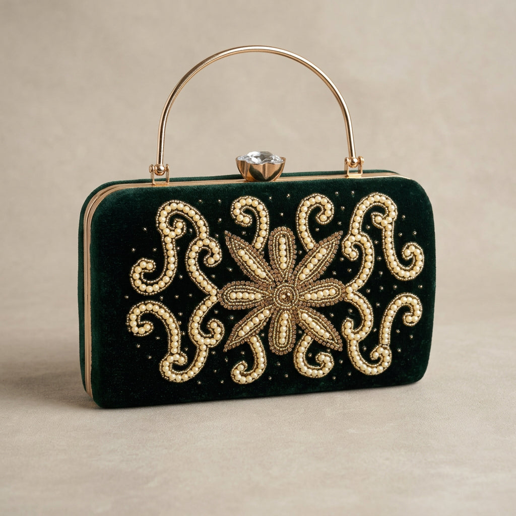 Velvet Pearl Embroidery Clutch