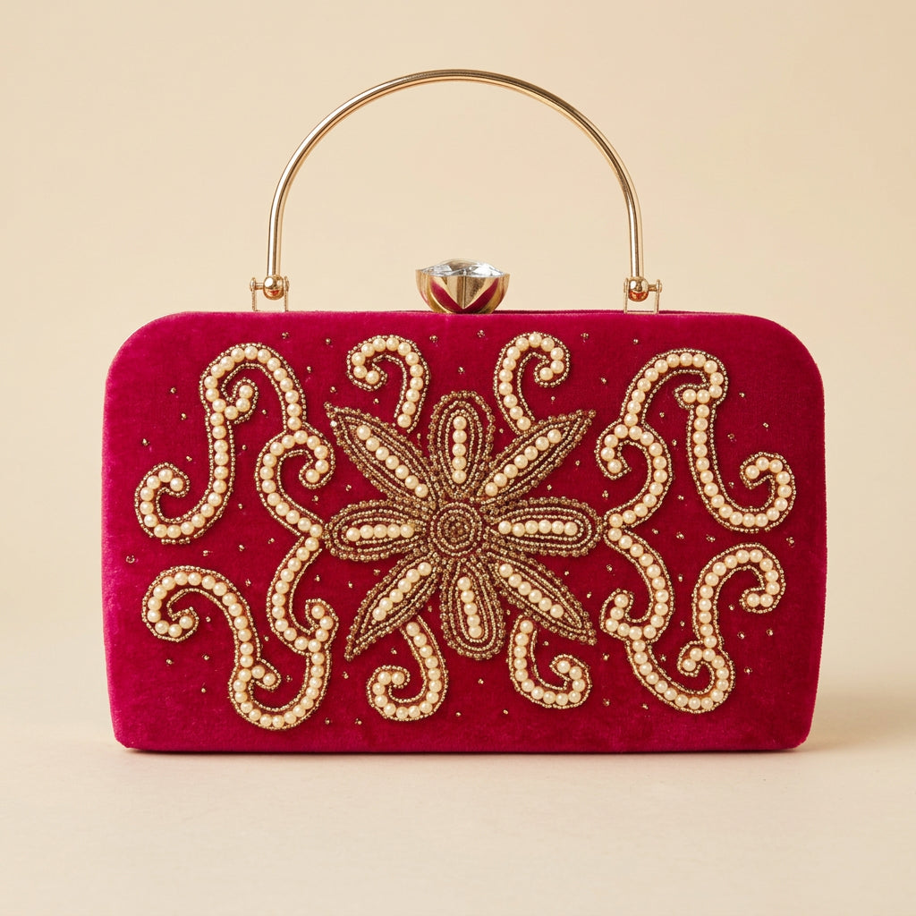 Velvet Pearl Embroidery Clutch