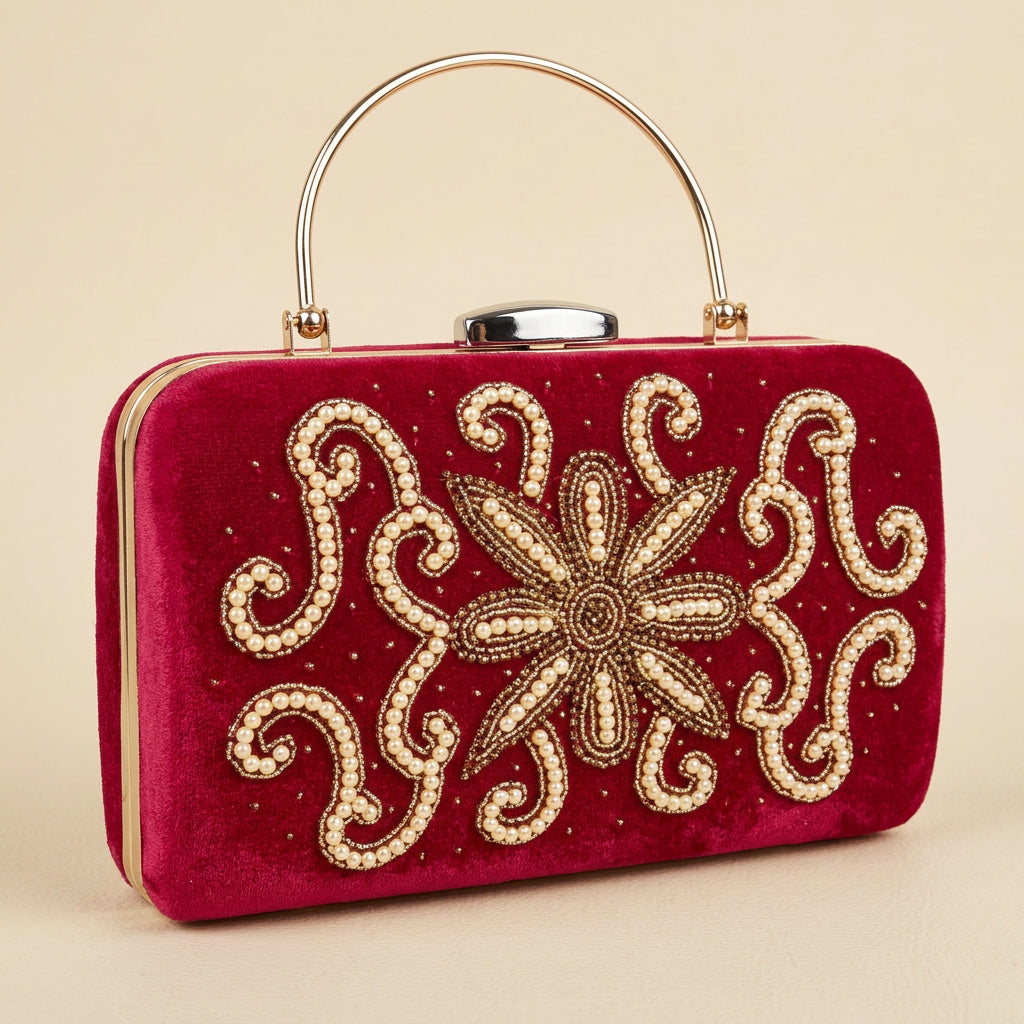 Velvet Pearl Embroidery Clutch