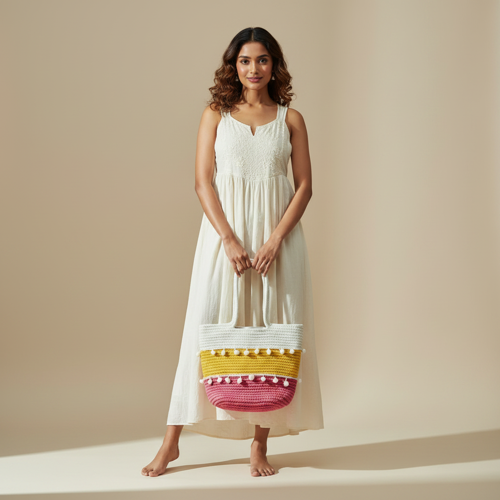 Handcrafted Cotton Rope Tote Bag - Pink Yellow