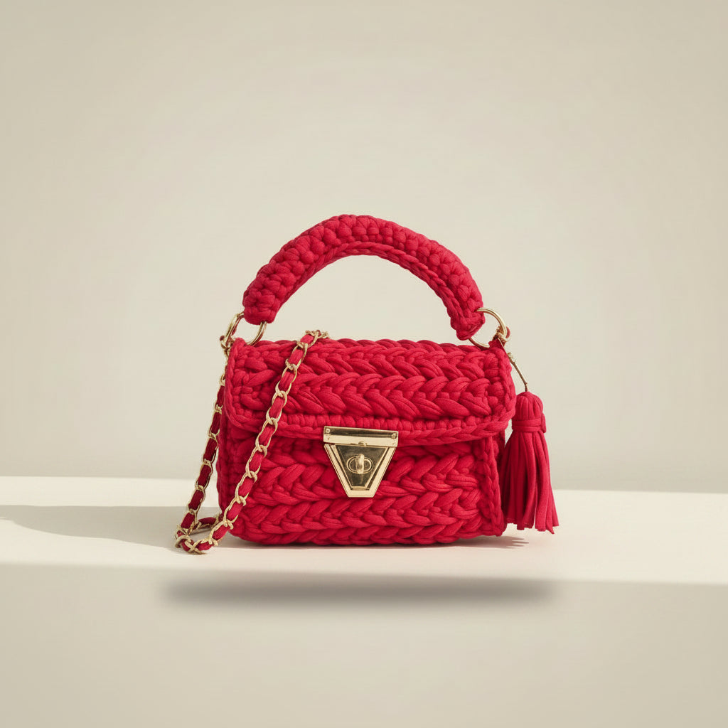 Pink crochet handbag with gold accents