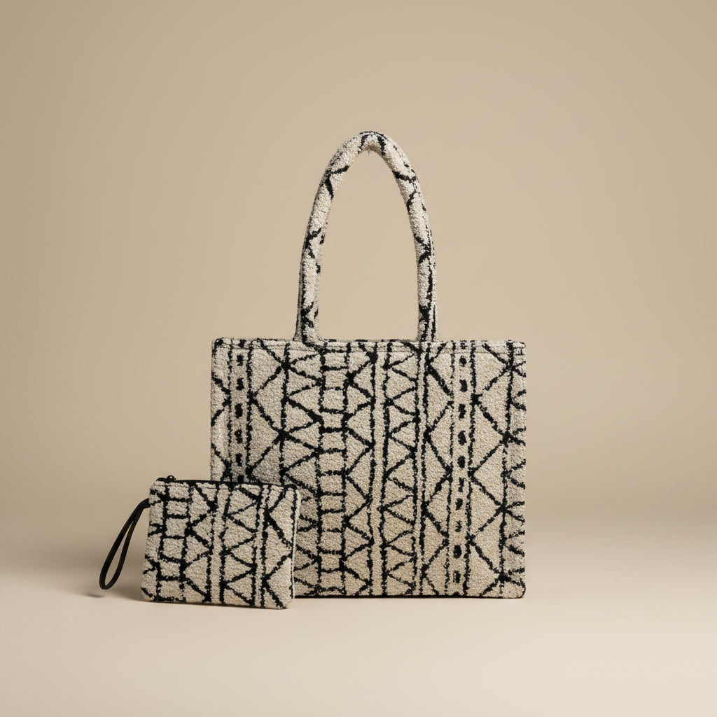 Dream Colors™ Jacquard Vintage Office Bag Set (With Matching Pouch) - Black Geometric