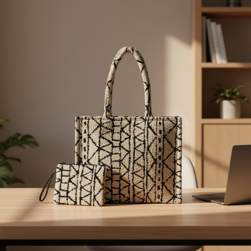Dream Colors™ Jacquard Vintage Office Bag Set (With Matching Pouch) - Black Geometric