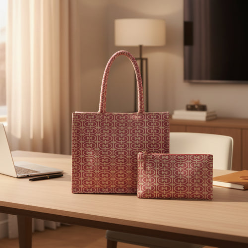 Dream Colors™ Jacquard Vintage Office Bag Set (With Matching Pouch) - Pink