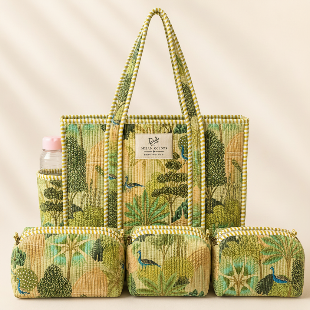 Dream Colors Quilted Cotton Tote Bag Combo with 3 Waterproof Utility Pouches - Jungle