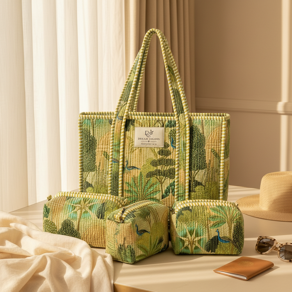 Dream Colors Quilted Cotton Tote Bag Combo with 3 Waterproof Utility Pouches - Jungle