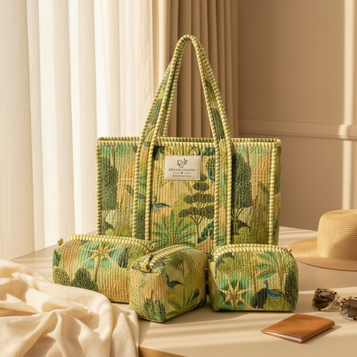 Cotton Bag Combo with 3 Waterproof Pouches - Jungle