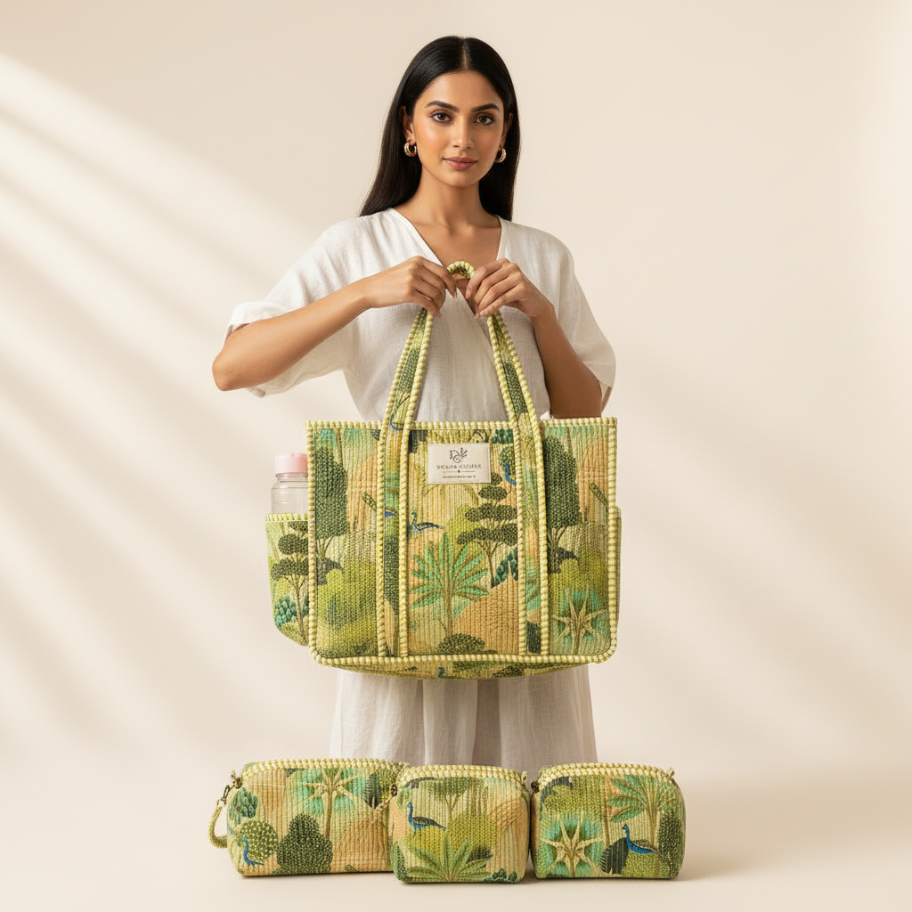 Dream Colors Quilted Cotton Tote Bag Combo with 3 Waterproof Utility Pouches - Jungle