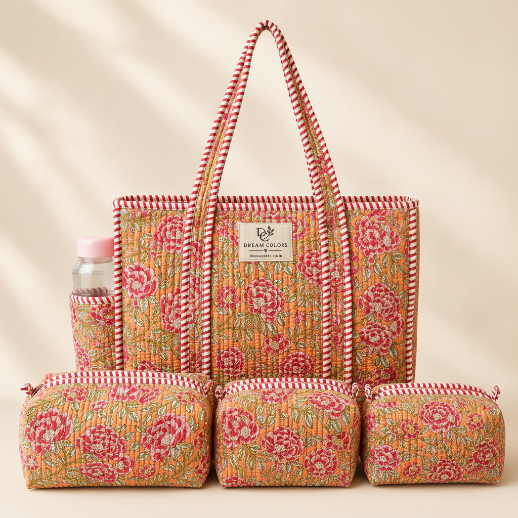 Dream Colors Quilted Cotton Tote Bag Combo with 3 Waterproof Utility Pouches - Orange Floral