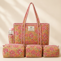 Dream Colors Quilted Cotton Tote Bag Combo with 3 Waterproof Utility Pouches - Orange Floral