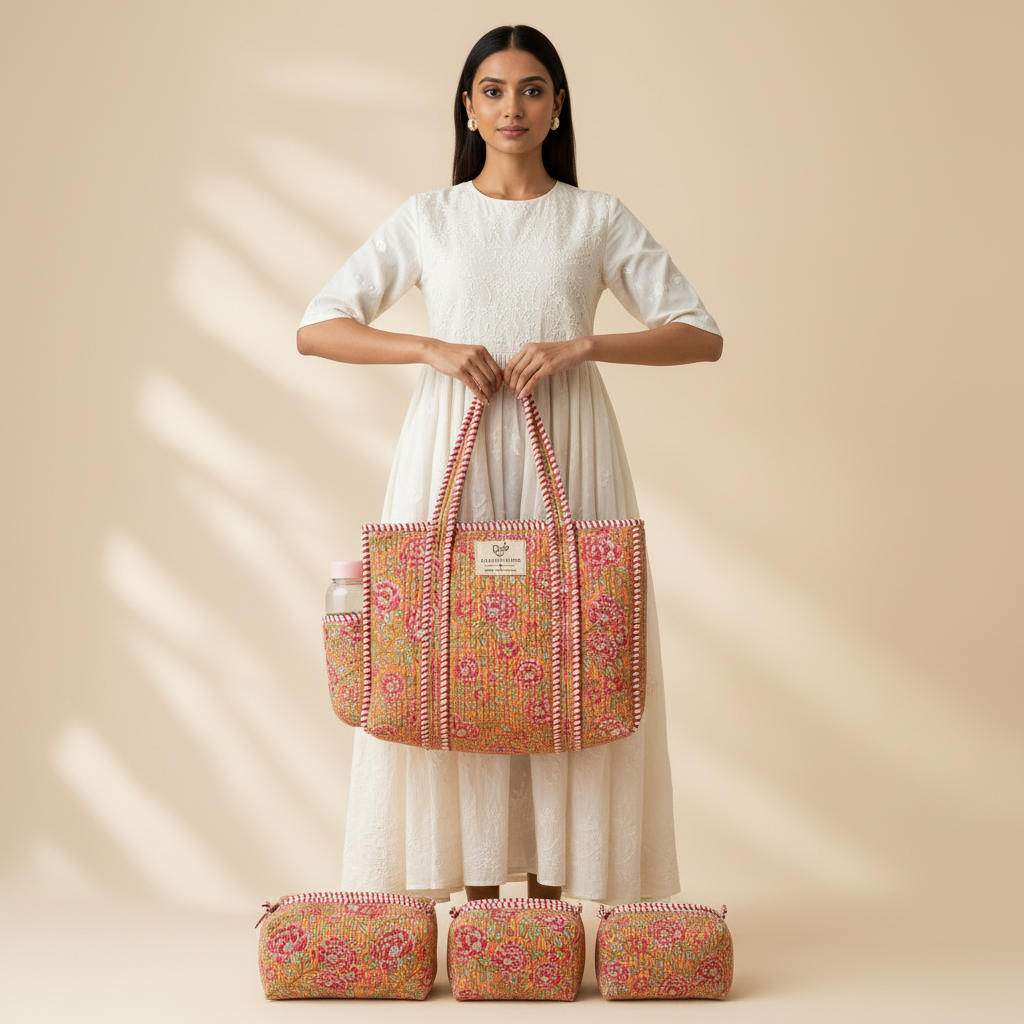 Dream Colors Quilted Cotton Tote Bag Combo with 3 Waterproof Utility Pouches - Orange Floral