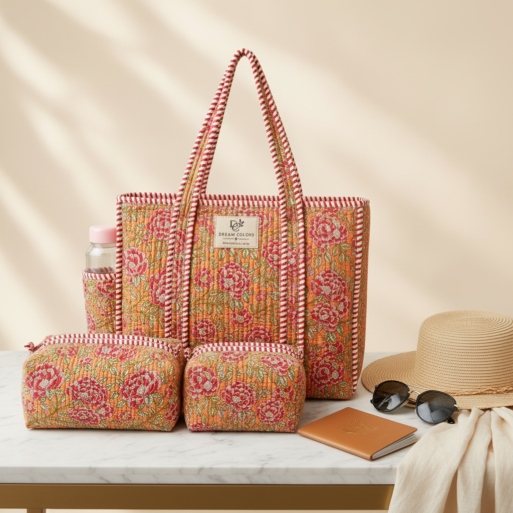 Dream Colors Quilted Cotton Tote Bag Combo with 3 Waterproof Utility Pouches - Orange Floral