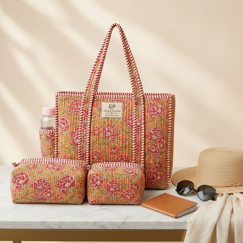 Cotton Bag Combo with 3 Waterproof Pouches - Orange Floral
