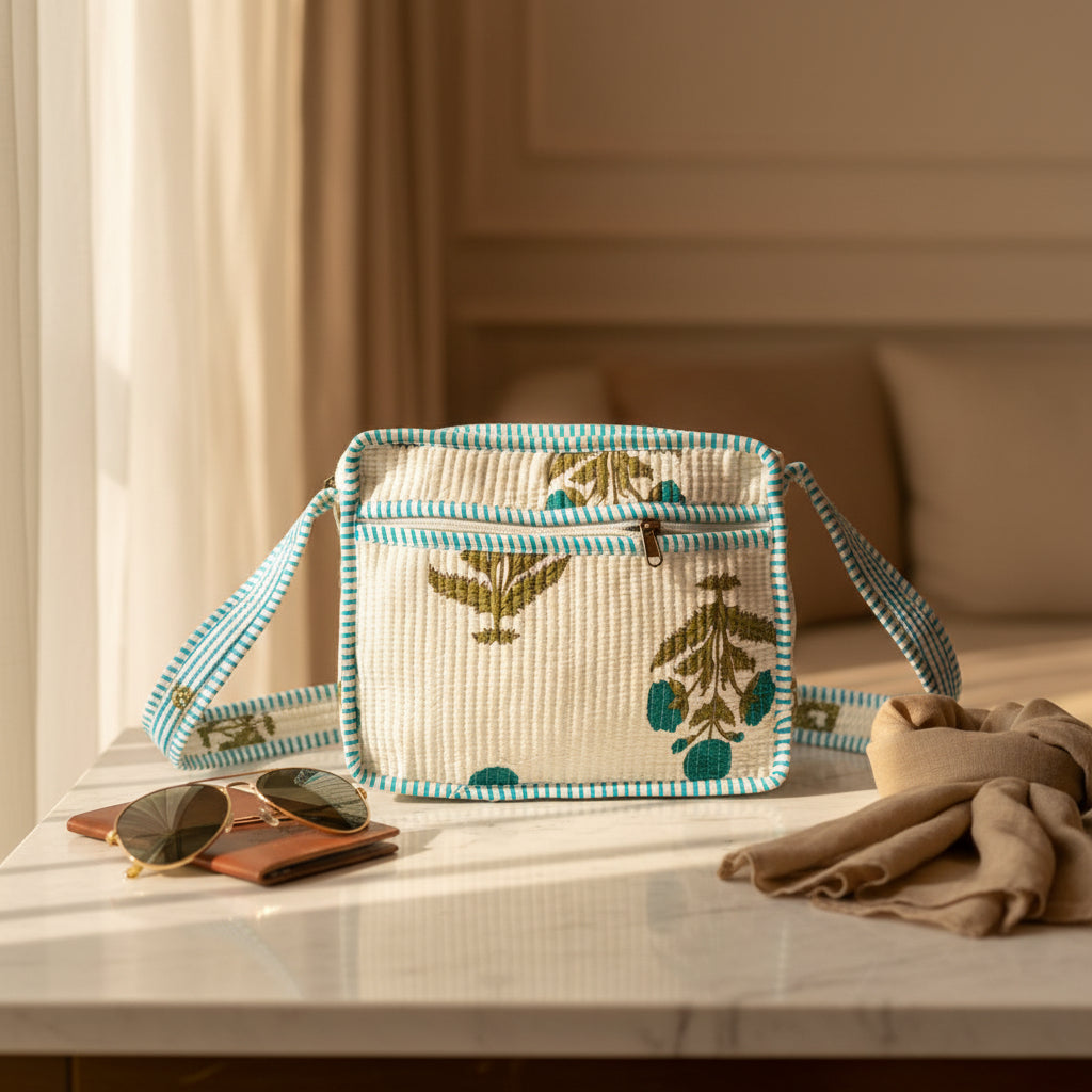 Dream Colors Quilted Cotton Sling Bag - Blue White